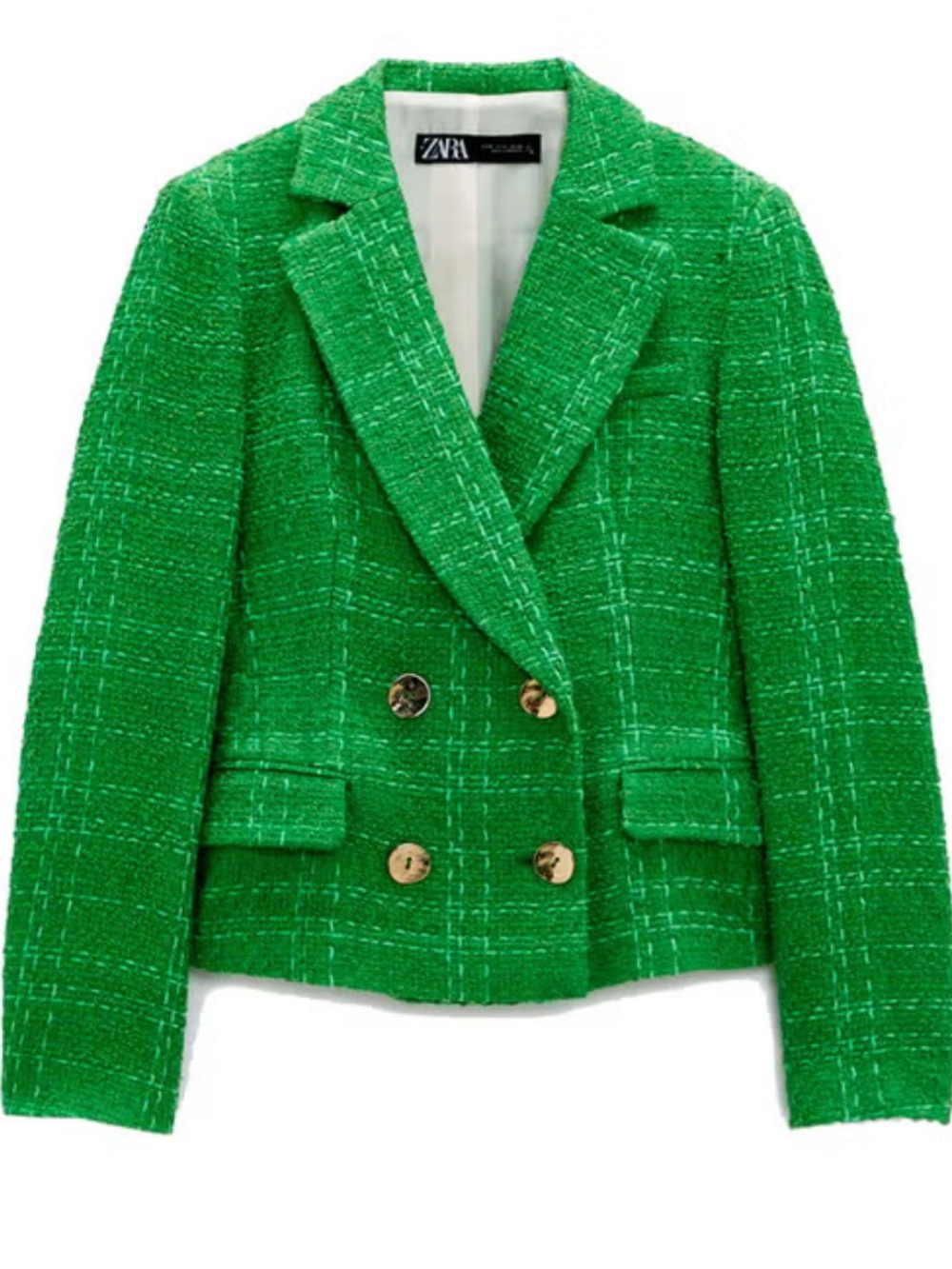 Zara Green Tweed Double-Breasted Blazer | Size Large